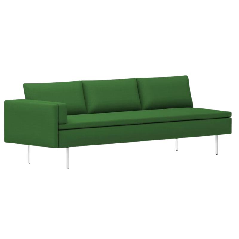 The Bolster Three Seat Sofa from Herman Miller with right arm in dark emerald hopsak upholstery.