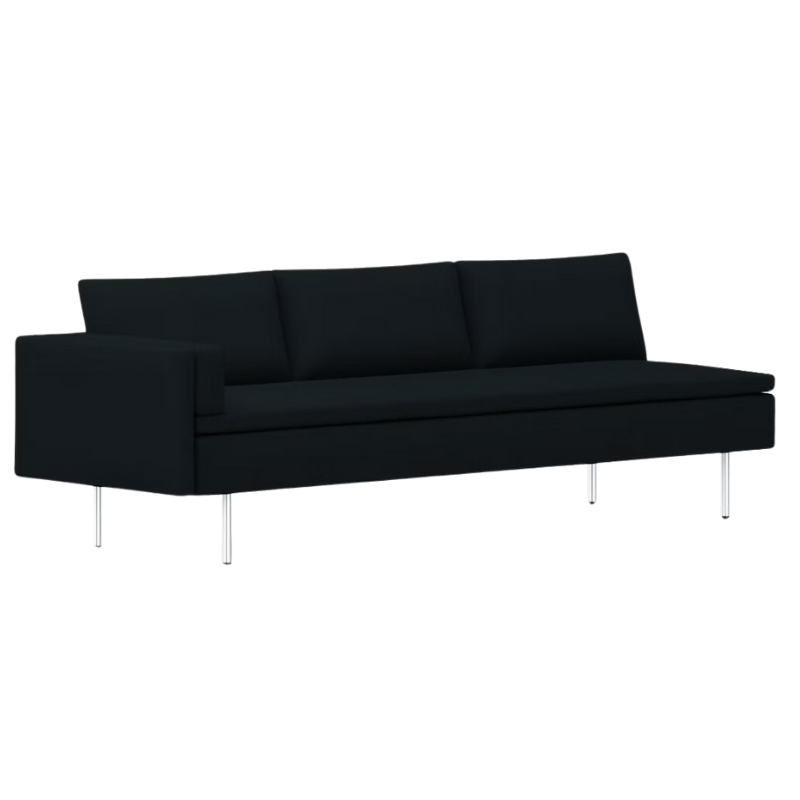 The Bolster Three Seat Sofa from Herman Miller with right arm in dark grey blue hopsak upholstery.