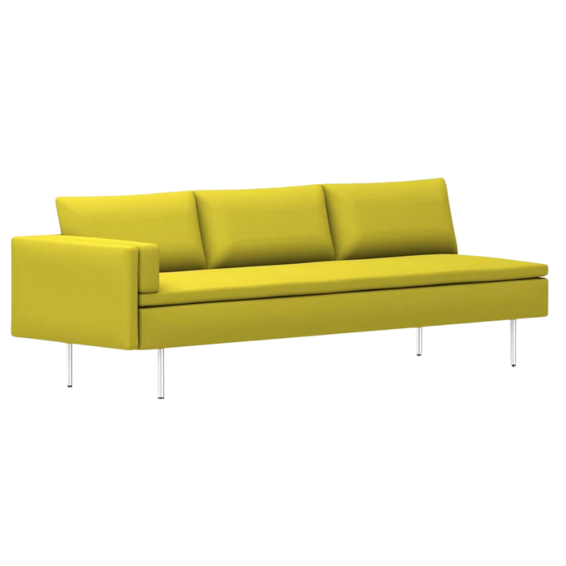 The Bolster Three Seat Sofa from Herman Miller with right arm in dark yellow hopsak upholstery.