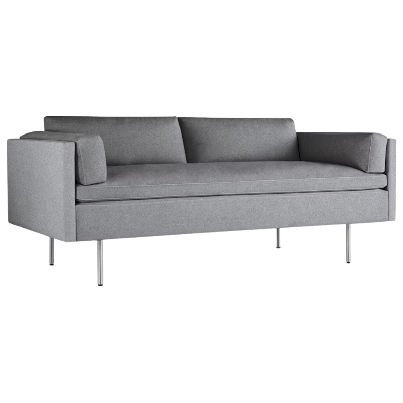 The Bolster Two Seat Sofa from Herman Miller in heathered cool grey, cozy upholstery from the side.