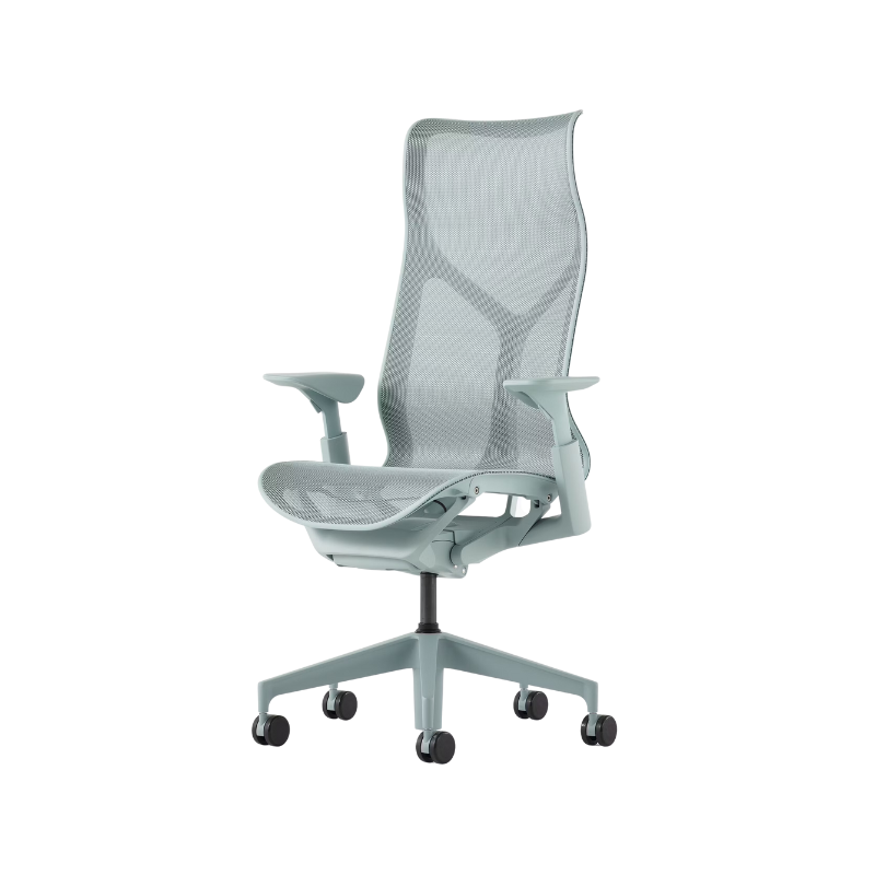 The glacier Cosm Office Chair with high back and adjustable arms from Herman Miller from an angle.
