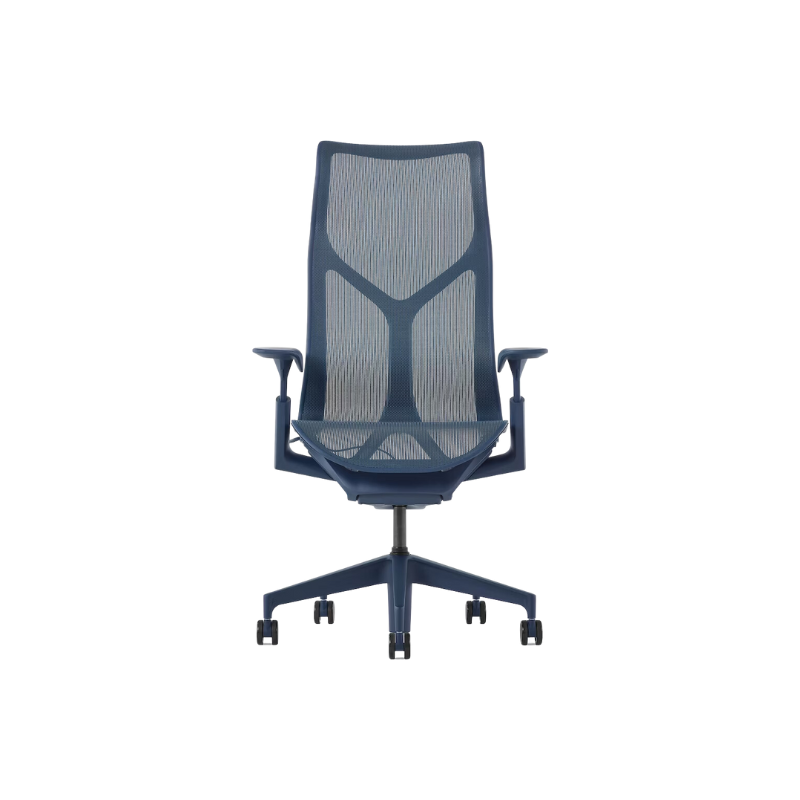 The nightfall Cosm Office Chair with high back and adjustable arms from Herman Miller features auto-harmonic tilt and a flexible frame.