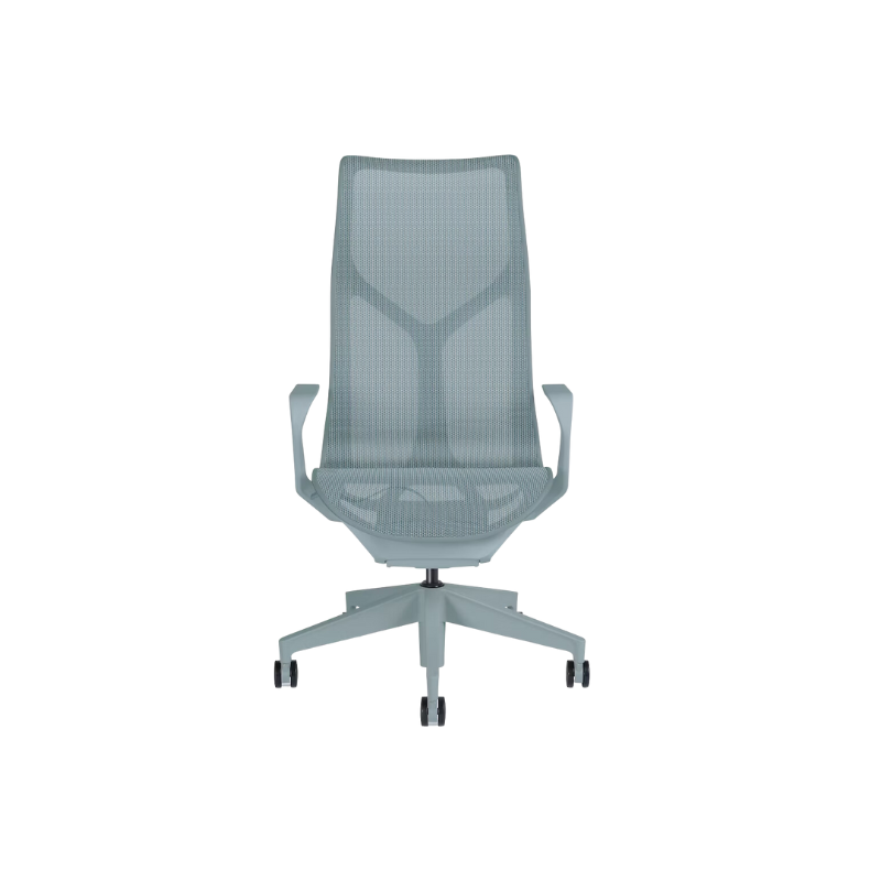 The glacier Cosm Office Chair with high back and fixed arms from Herman Miller features auto-harmonic tilt and a flexible frame.