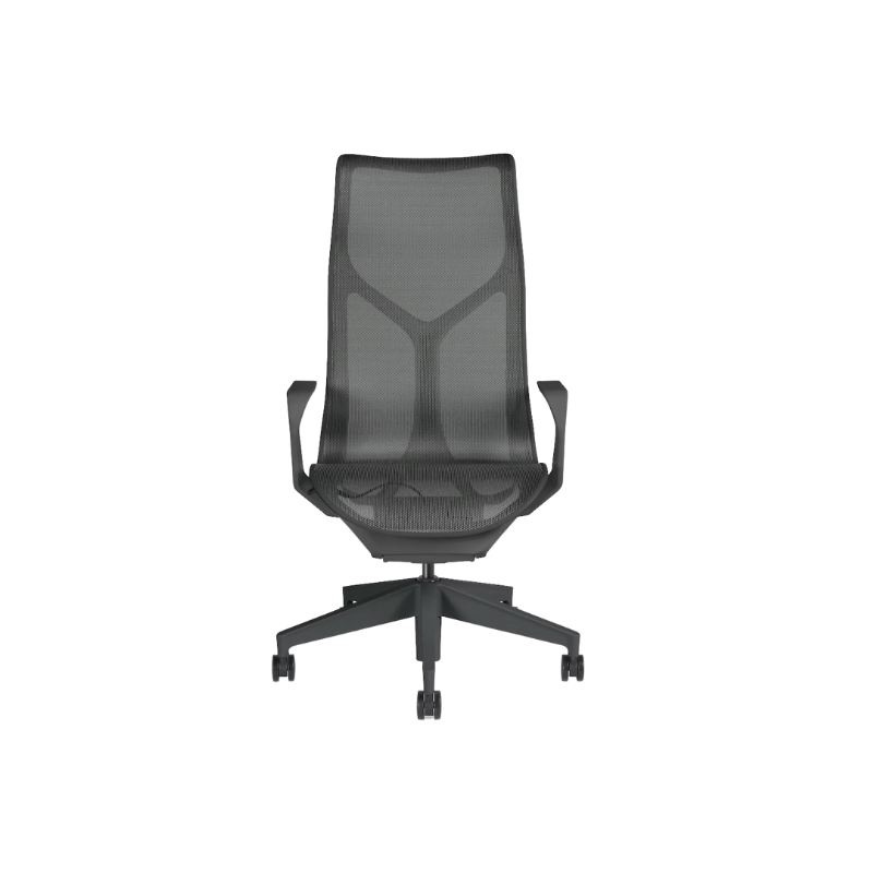 The graphite Cosm Office Chair with high back and fixed arms from Herman Miller features auto-harmonic tilt and a flexible frame.