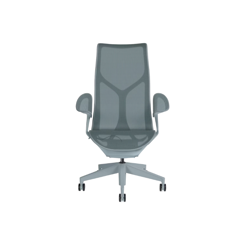 The glacier Cosm Office Chair with high back and leaf arms from Herman Miller features auto-harmonic tilt and a flexible frame.