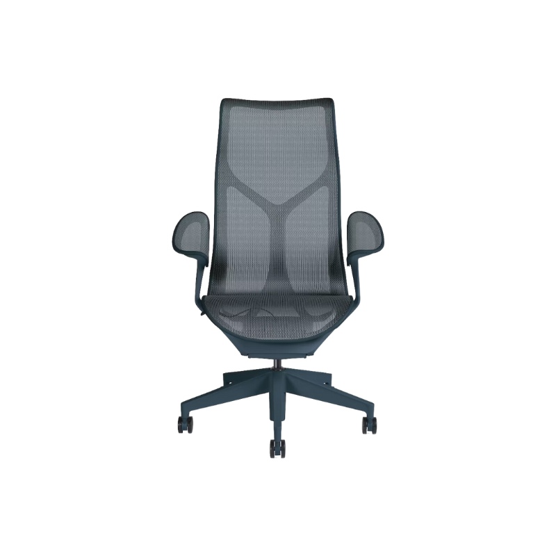 The nightfall Cosm Office Chair with high back and leaf arms from Herman Miller features auto-harmonic tilt and a flexible frame.