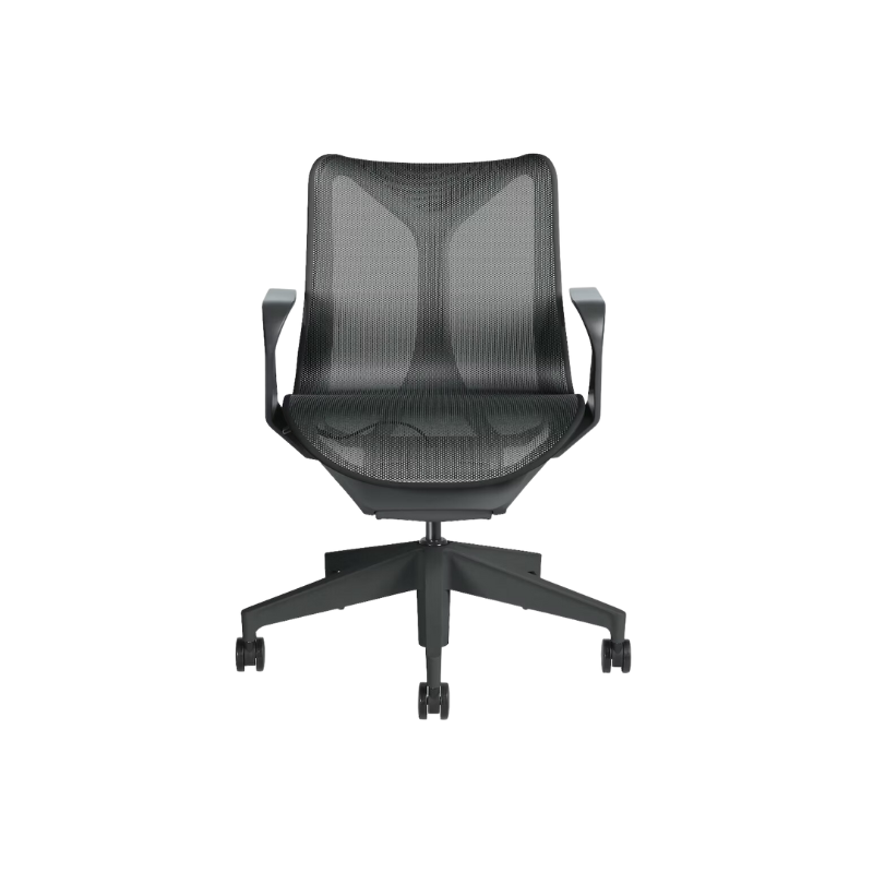 The graphite Cosm Office Chair with low back and fixed arms from Herman Miller features auto-harmonic tilt and a flexible frame.