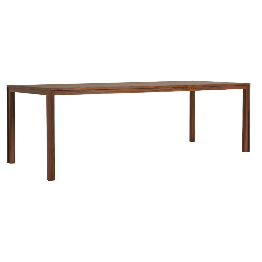 The walnut 92 x 36 inch Doubleframe Table from Herman Miller at an angle.