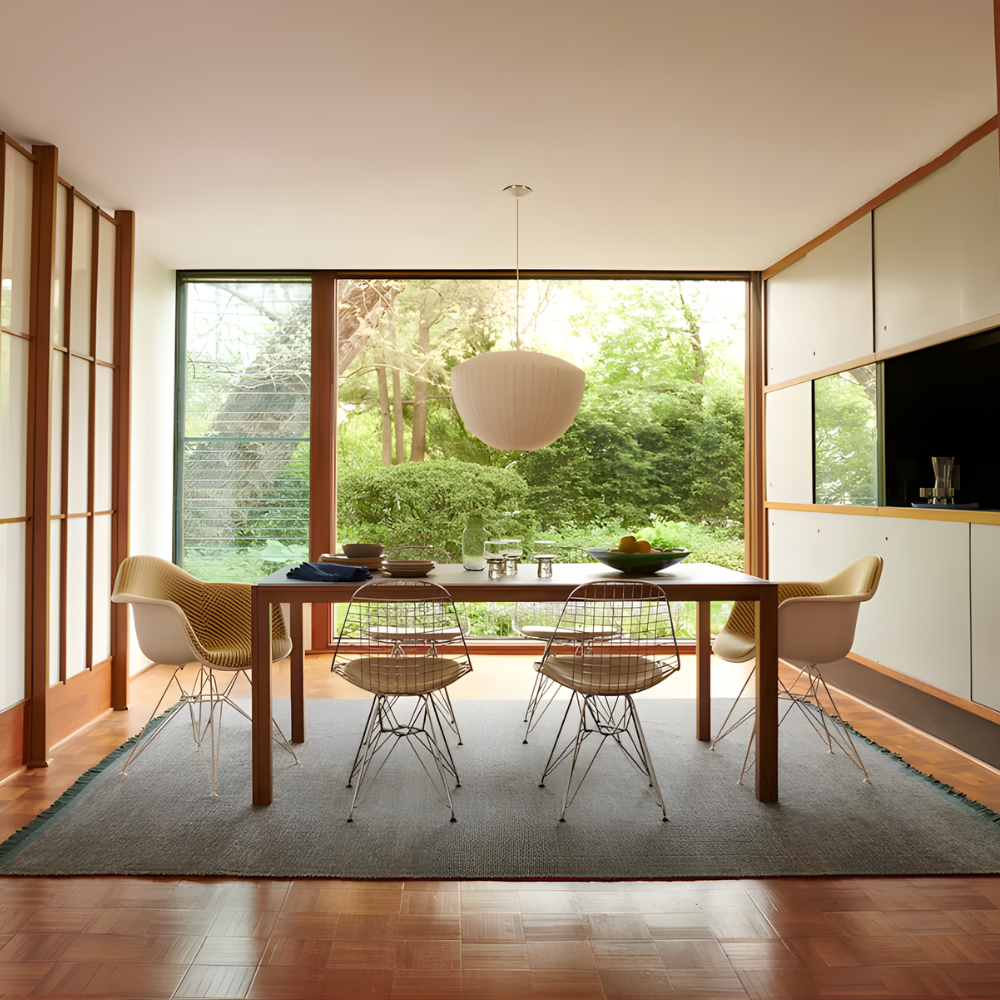 The walnut Doubleframe Table from Herman Miller in a dining room.