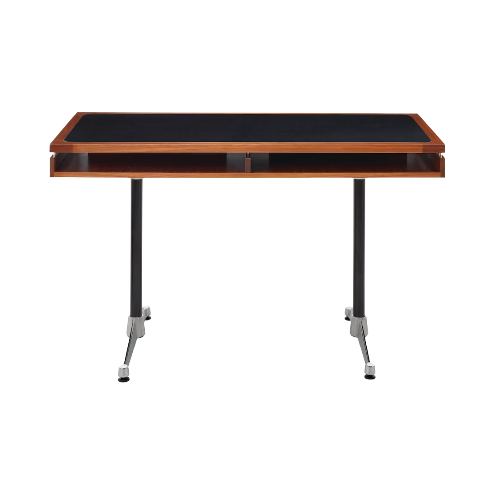 The 24 by 48 inch walnut Eames 2500 Series Executive Desk from Herman Miller with the leather inlay finish.