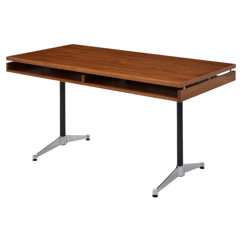 The 30 by 60 inch walnut Eames 2500 Series Executive Desk from Herman Miller with the veneer finish from an angle.