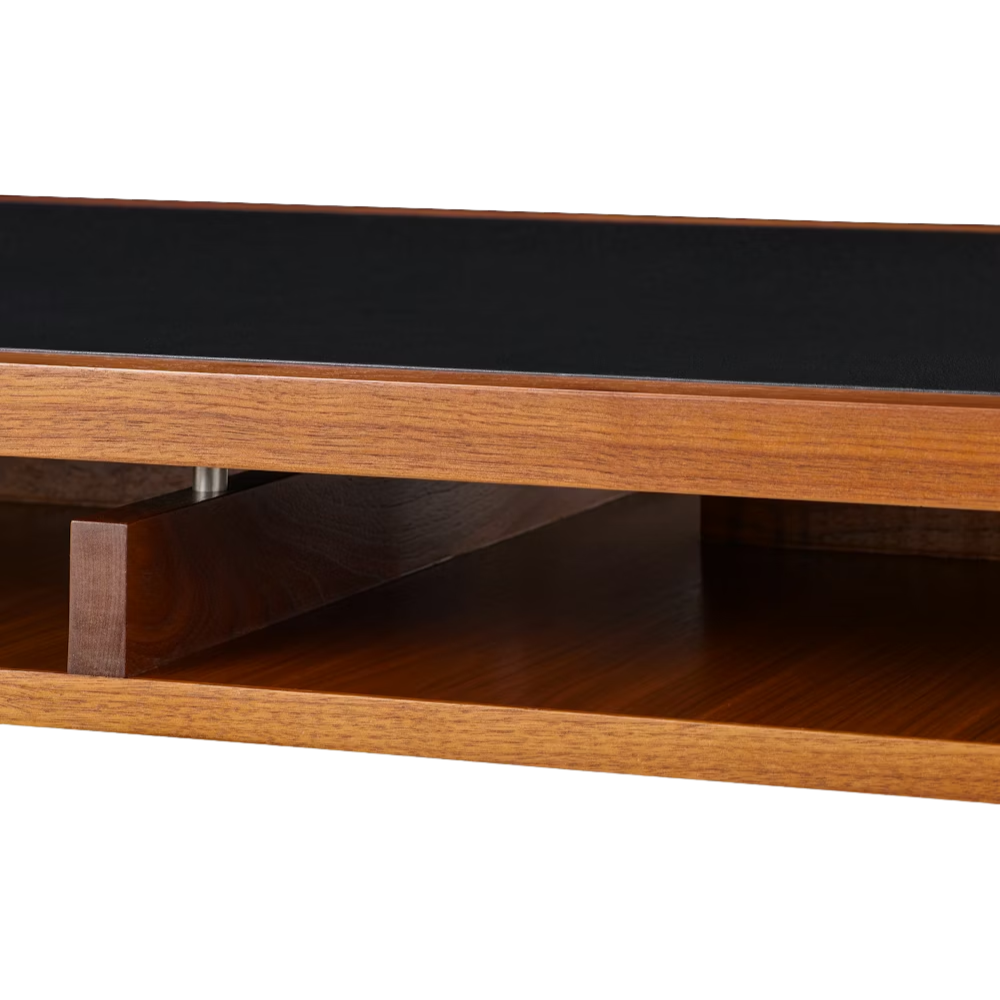 The walnut Eames 2500 Series Executive Desk from Herman Miller with leather inlay finish close up.