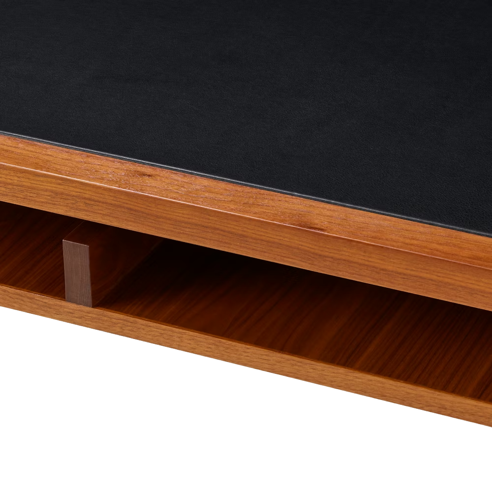 The walnut Eames 2500 Series Executive Desk from Herman Miller with leather inlay finish showing the storage.