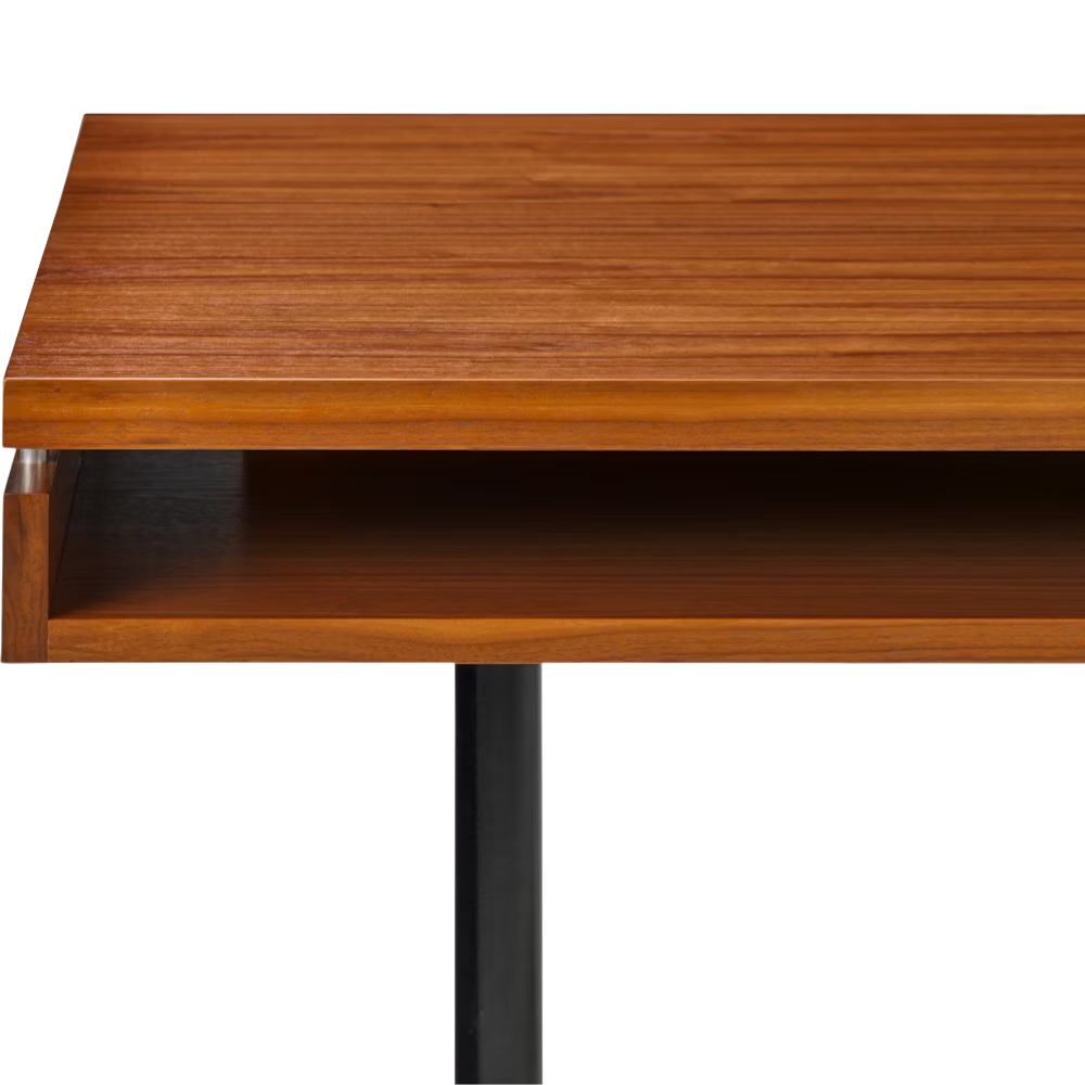 The walnut Eames 2500 Series Executive Desk from Herman Miller showing the storage cubby.