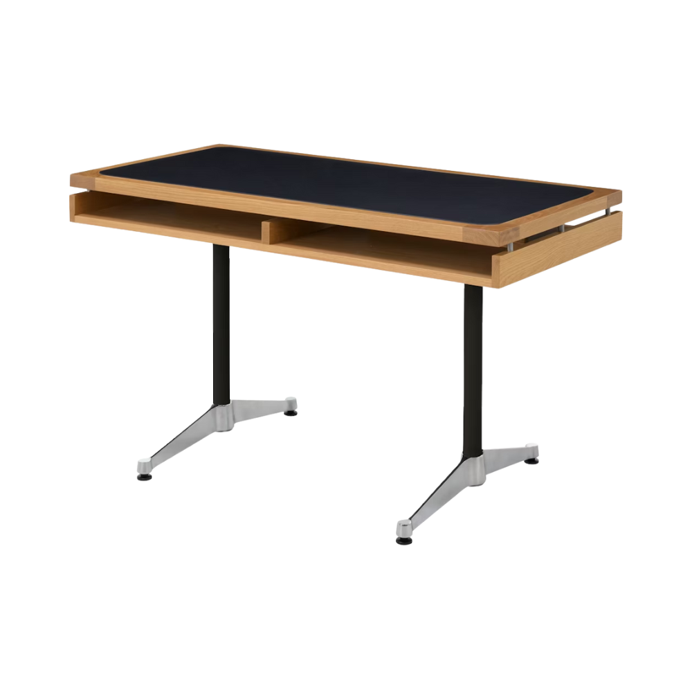 The 24 by 48 inch white oak Eames 2500 Series Executive Desk from Herman Miller with the leather inlay finish from an angle.