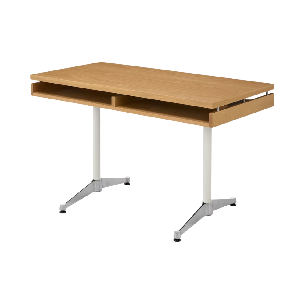 The 24 by 48 inch white oak Eames 2500 Series Executive Desk from Herman Miller with the veneer finish from an angle.