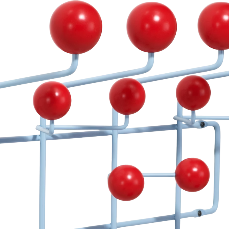 The Eames Hang-It-All Stonewash Blue Red from Herman Miller with a close-up.