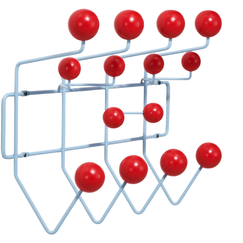 The Eames Hang-It-All Stonewash Blue Red from Herman Miller from the side angle.