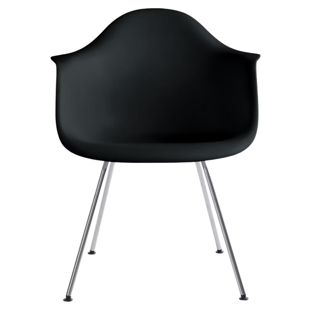 The black shell Eames Molded Plastic Armchair 4-Leg Base from Herman Miller with the trivalent chrome base.