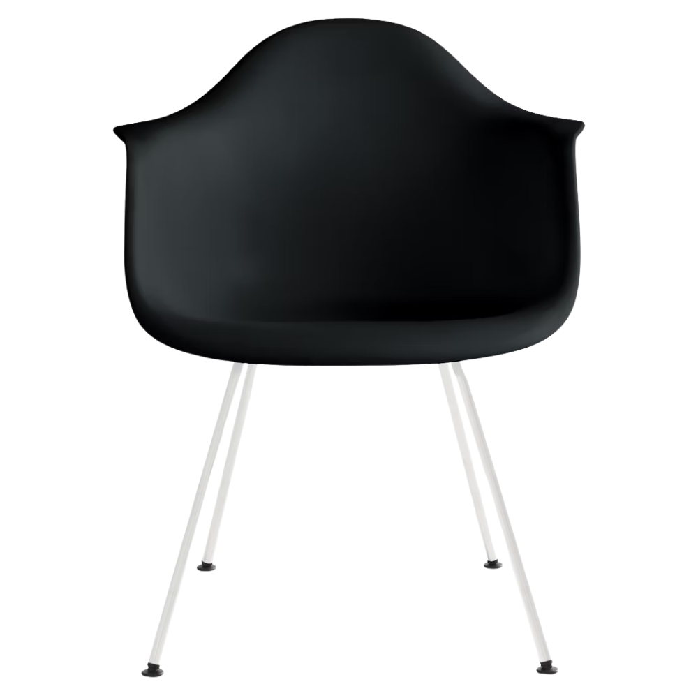 The black shell Eames Molded Plastic Armchair 4-Leg Base from Herman Miller with the white base.