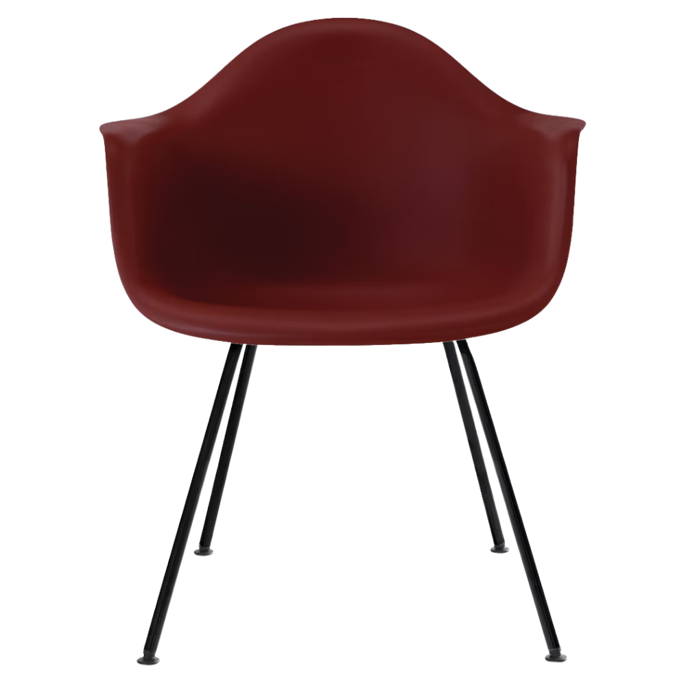 The brick red shell Eames Molded Plastic Armchair 4-Leg Base from Herman Miller with the black base.