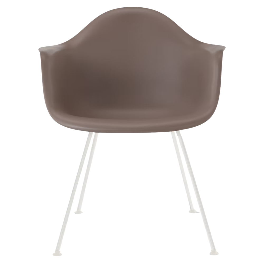 The cocoa shell Eames Molded Plastic Armchair 4-Leg Base from Herman Miller with the white base.