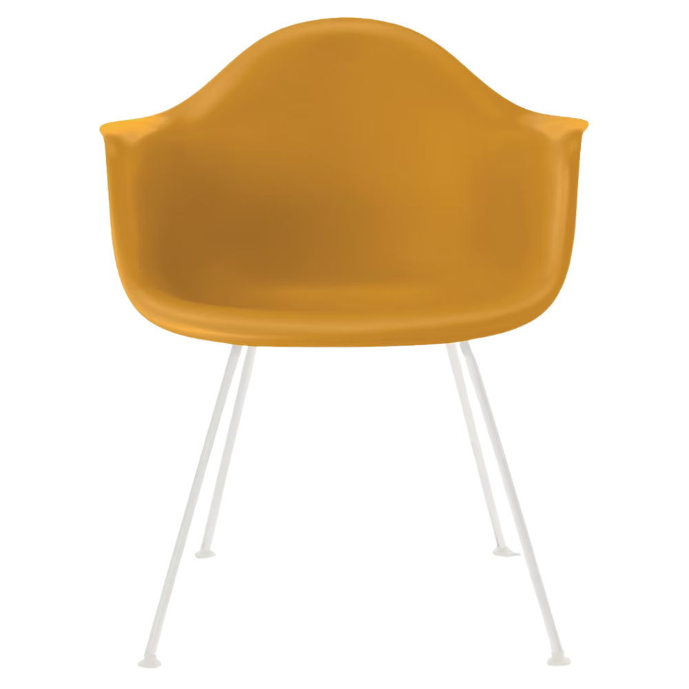 The deep yellow shell Eames Molded Plastic Armchair 4-Leg Base from Herman Miller with the white base.