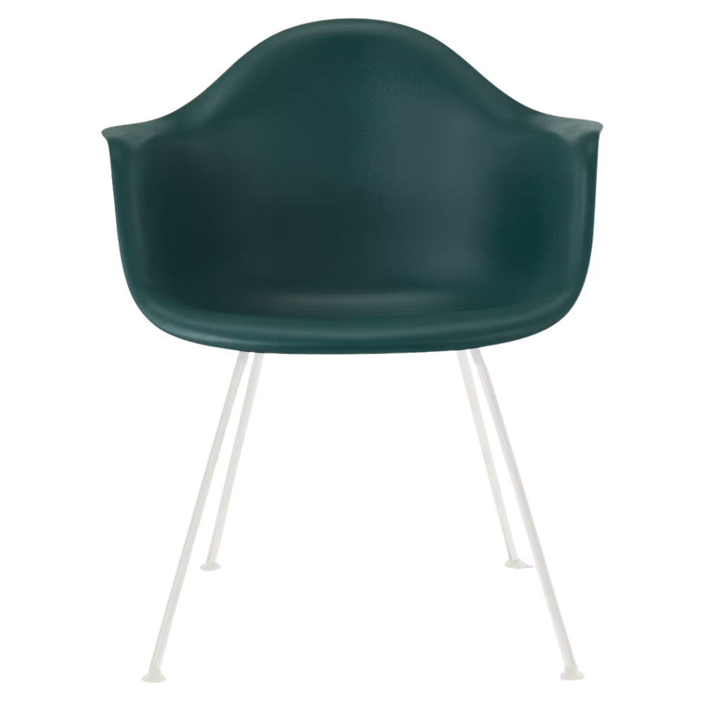 The evergreen shell Eames Molded Plastic Armchair 4-Leg Base from Herman Miller with the white base.