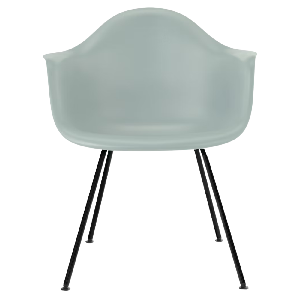 The gray green shell Eames Molded Plastic Armchair 4-Leg Base from Herman Miller with the black base.