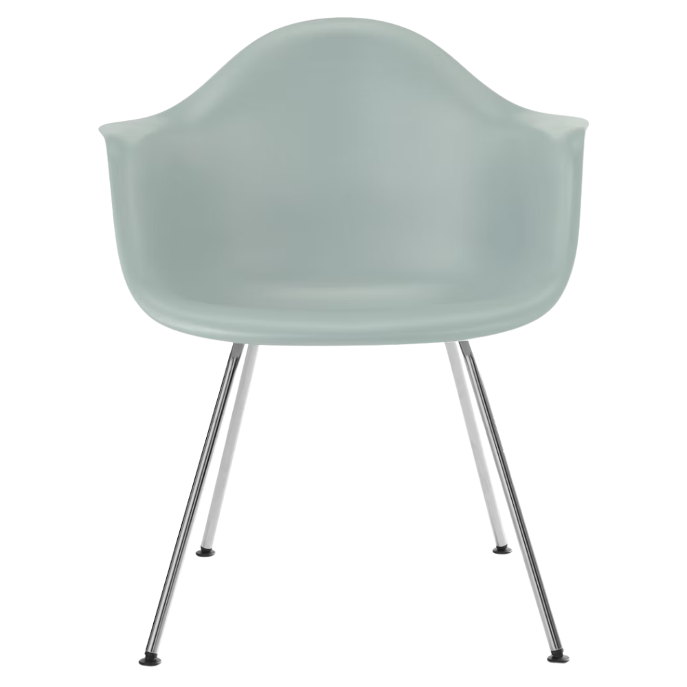 The gray green shell Eames Molded Plastic Armchair 4-Leg Base from Herman Miller with the trivalent chrome base.