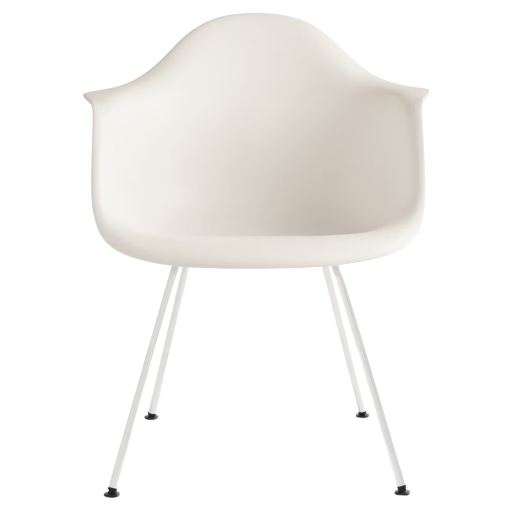 The white shell Eames Molded Plastic Armchair 4-Leg Base from Herman Miller with the white base.