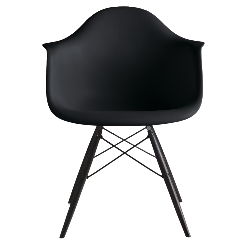 The black shell Eames Molded Plastic Armchair Dowel-Leg Base with the black base and ebony legs.