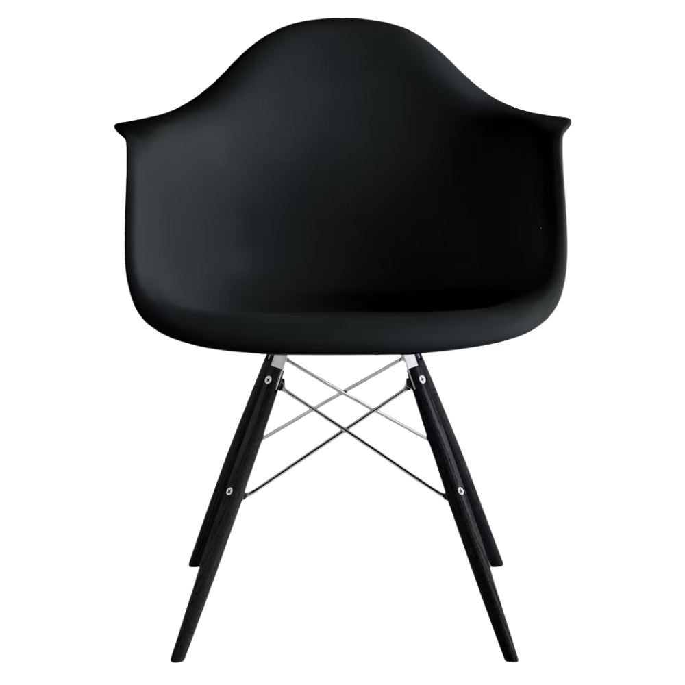 The black shell Eames Molded Plastic Armchair Dowel-Leg Base with the trivalent chrome base and ebony legs.