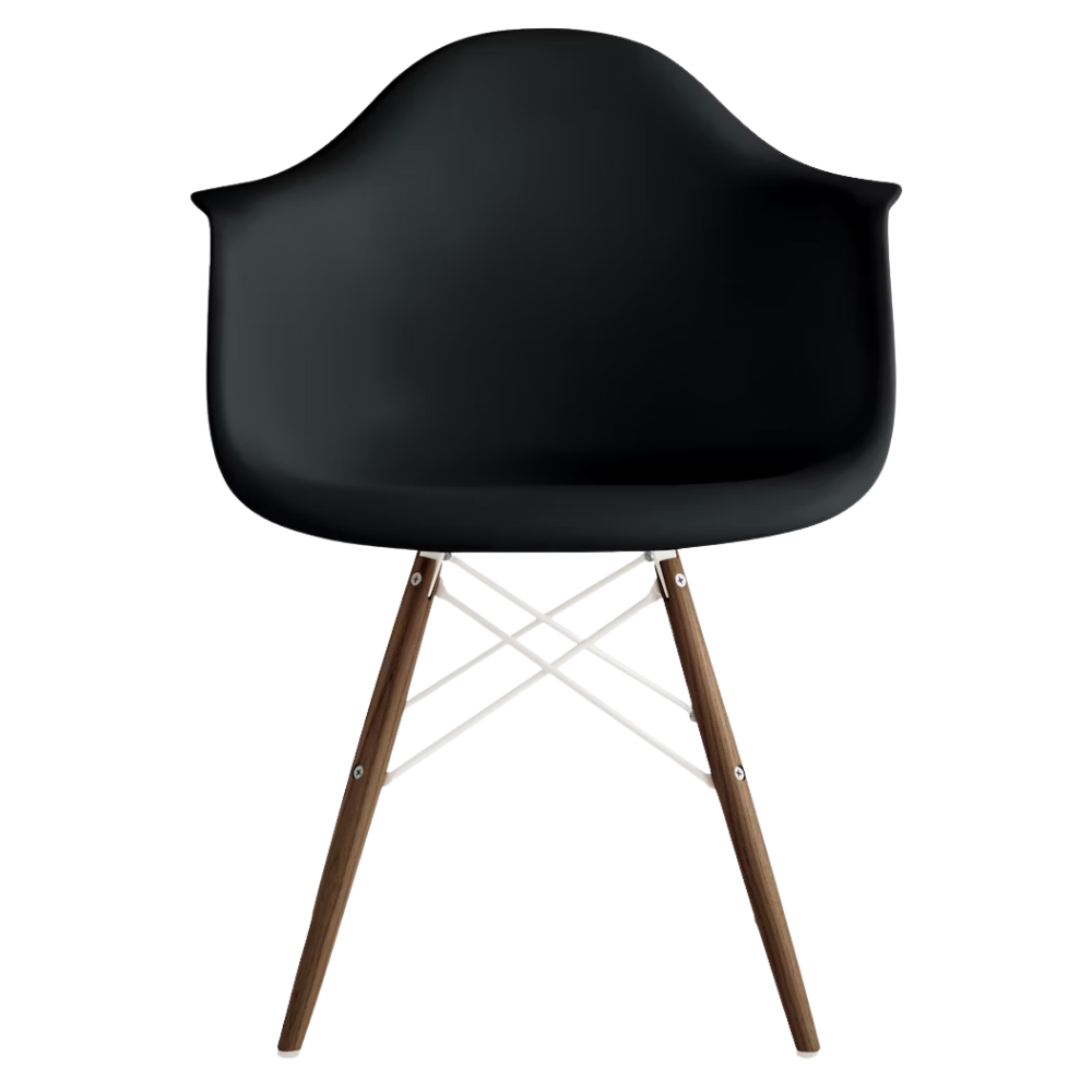 The black shell Eames Molded Plastic Armchair Dowel-Leg Base with the white base and walnut legs.