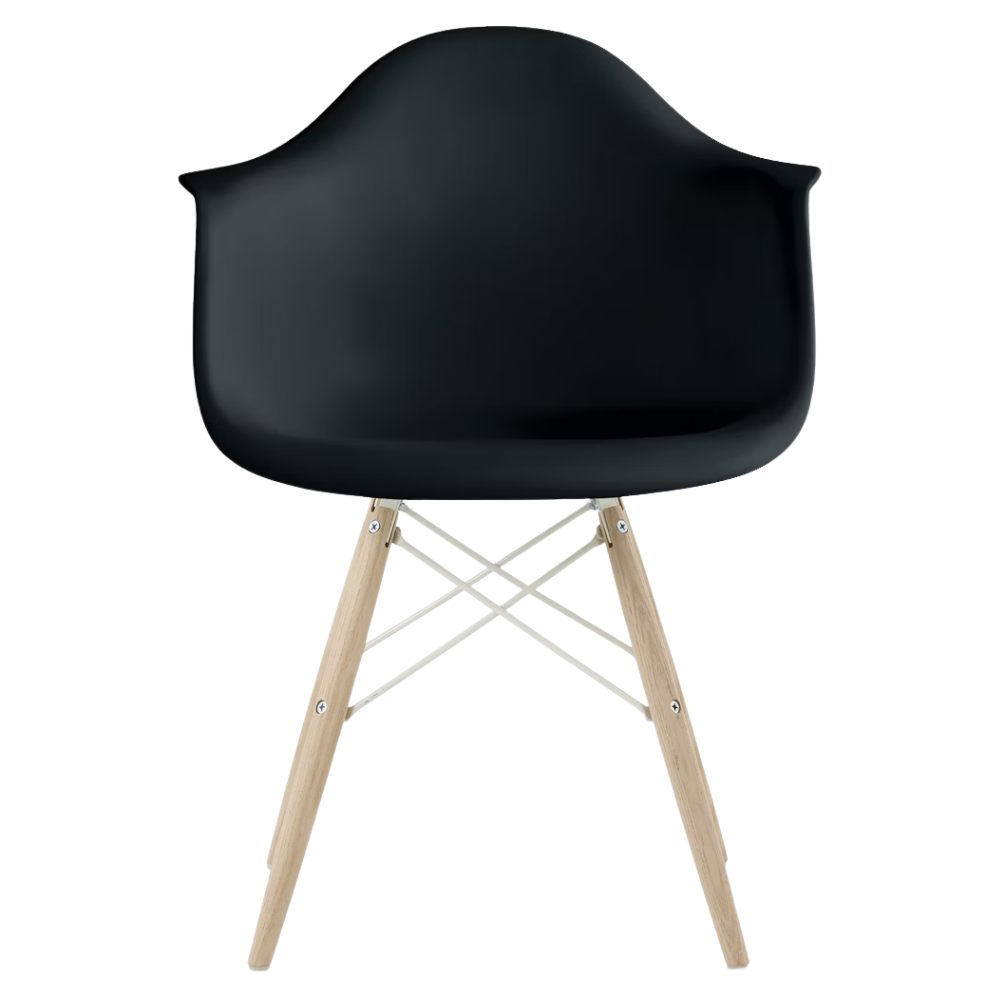 The black shell Eames Molded Plastic Armchair Dowel-Leg Base with the white base and white oak legs.