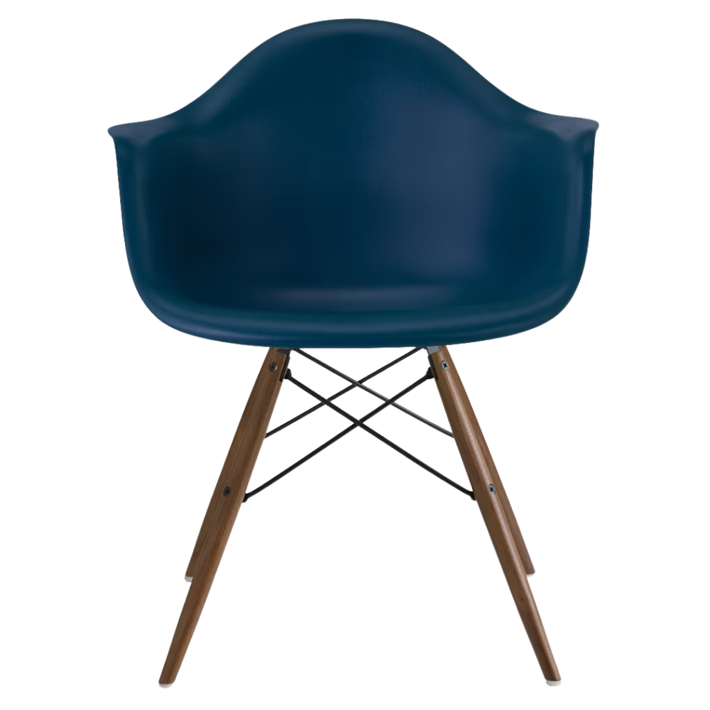 The blue green shell Eames Molded Plastic Armchair Dowel-Leg Base with the black base and walnut legs.