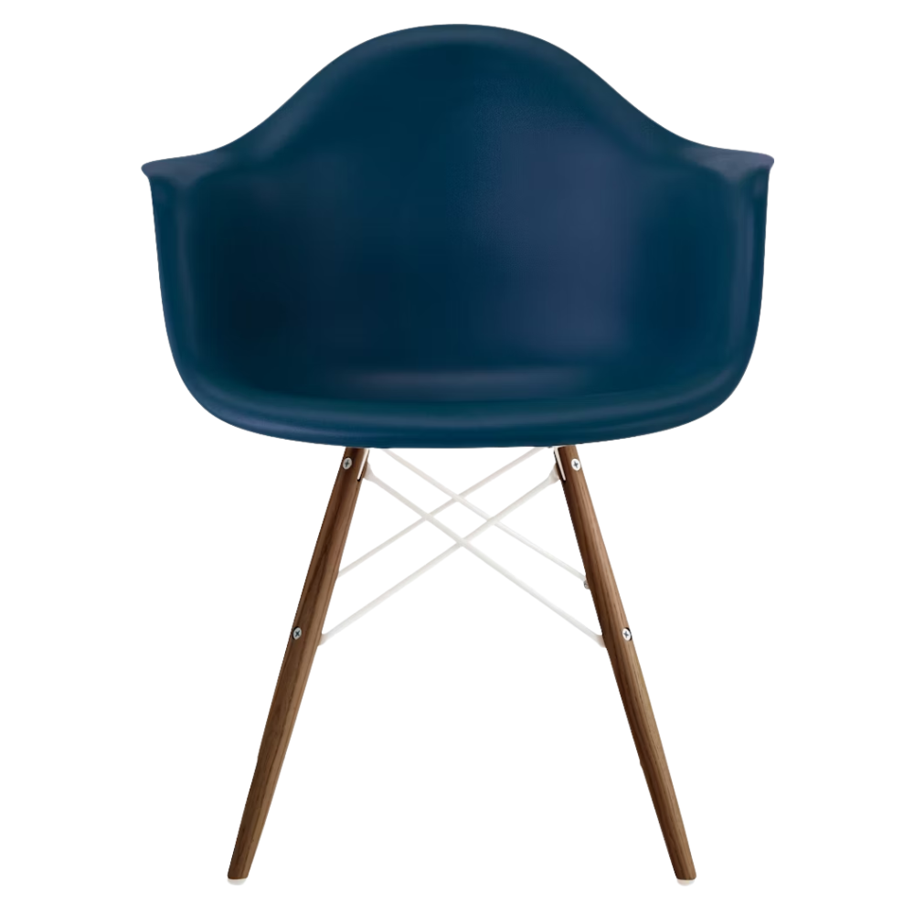 The blue green shell Eames Molded Plastic Armchair Dowel-Leg Base with the white base and walnut legs.