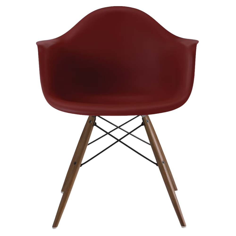 The brick red shell Eames Molded Plastic Armchair Dowel-Leg Base with the black base and walnut legs.