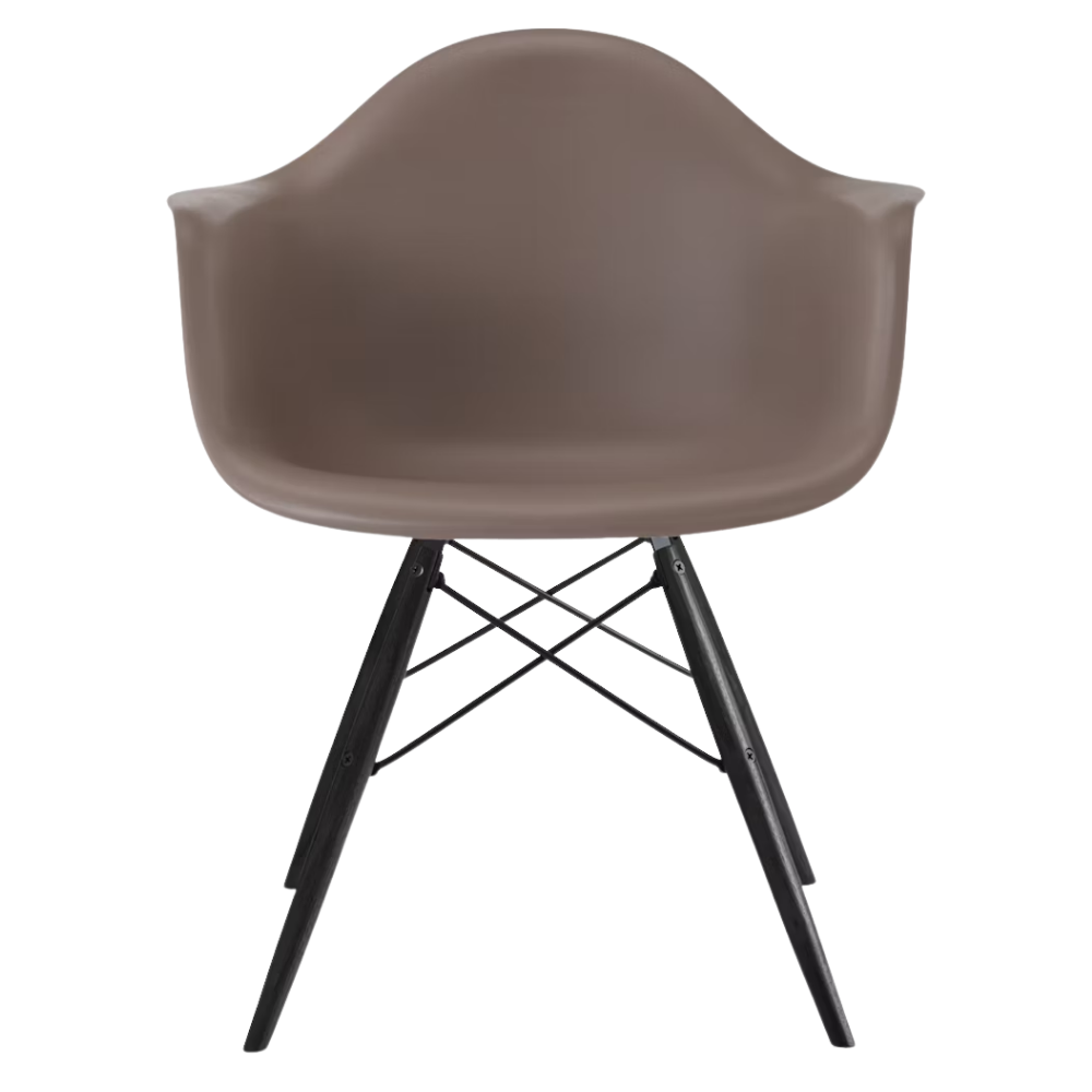 The cocoa shell Eames Molded Plastic Armchair Dowel-Leg Base with the black base and ebony legs.