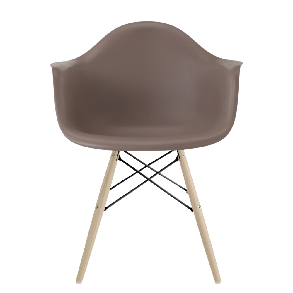The cocoa shell Eames Molded Plastic Armchair Dowel-Leg Base with the black base and white oak legs.