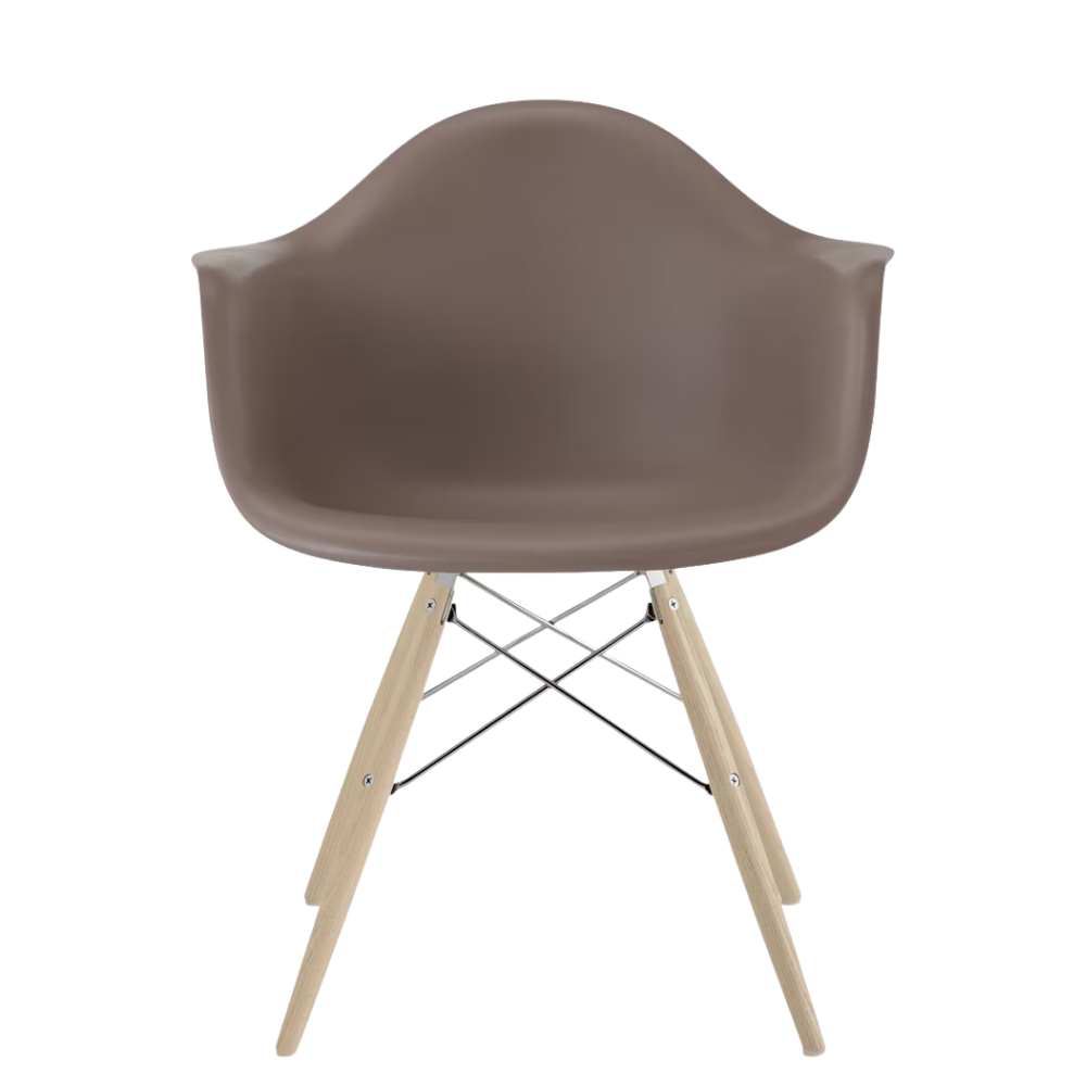 The cocoa shell Eames Molded Plastic Armchair Dowel-Leg Base with the trivalent chrome base and white oak legs.