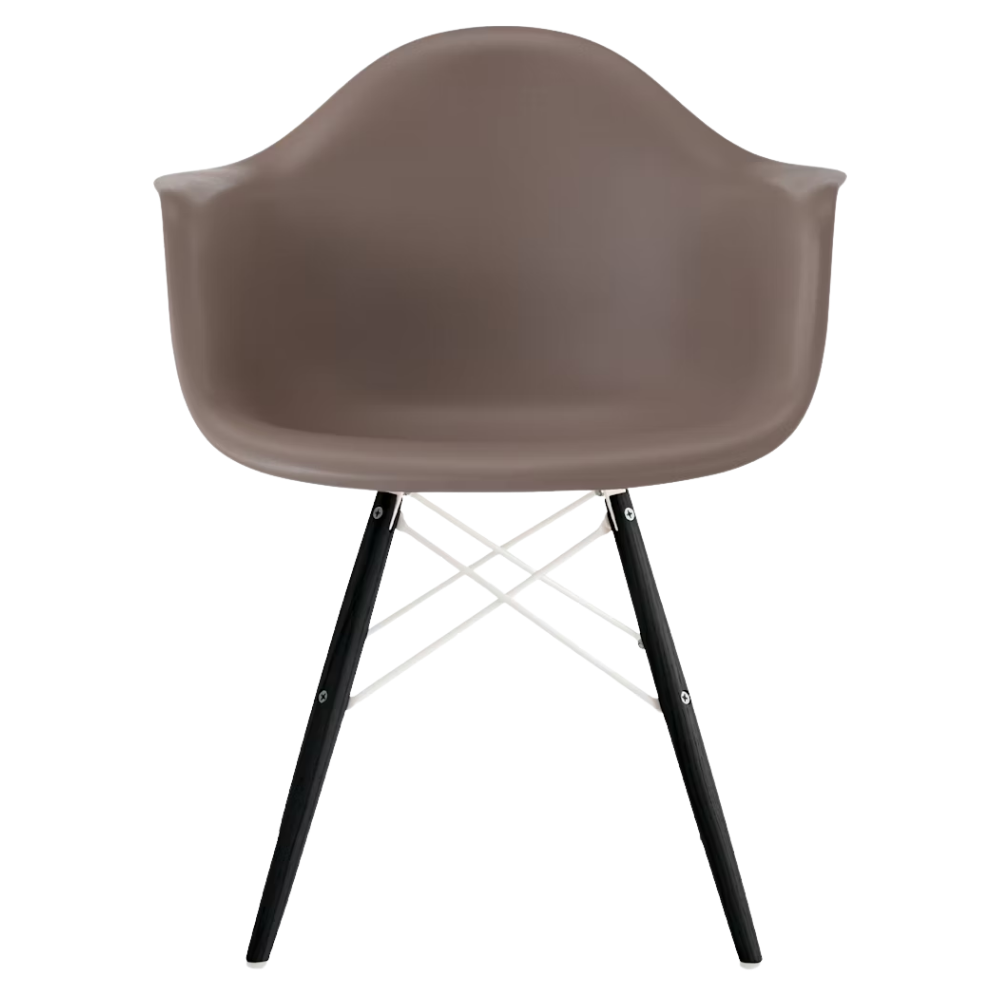 The cocoa shell Eames Molded Plastic Armchair Dowel-Leg Base with the white base and ebony legs.