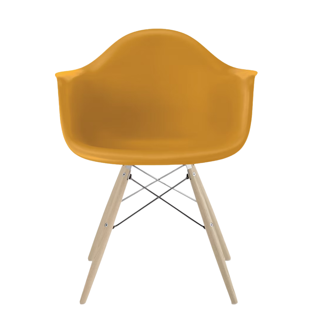 The deep yellow shell Eames Molded Plastic Armchair Dowel-Leg Base with the trivalent chrome base and white oak legs.