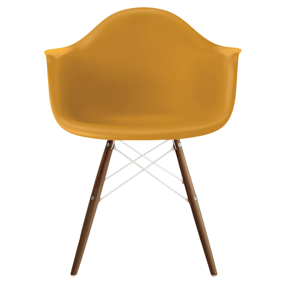 The deep yellow shell Eames Molded Plastic Armchair Dowel-Leg Base with the white base and walnut legs.