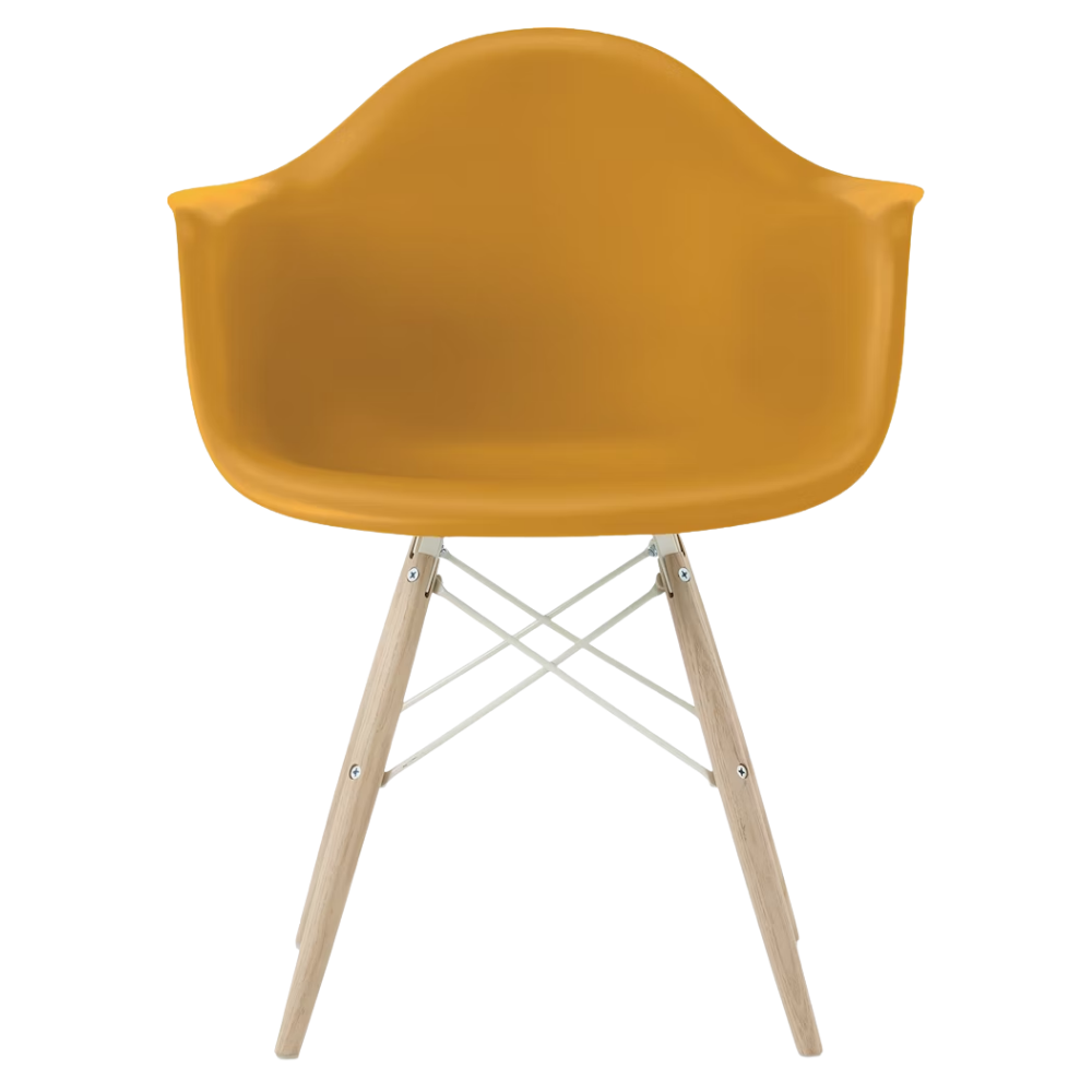 The deep yellow shell Eames Molded Plastic Armchair Dowel-Leg Base with the white base and white oak legs.