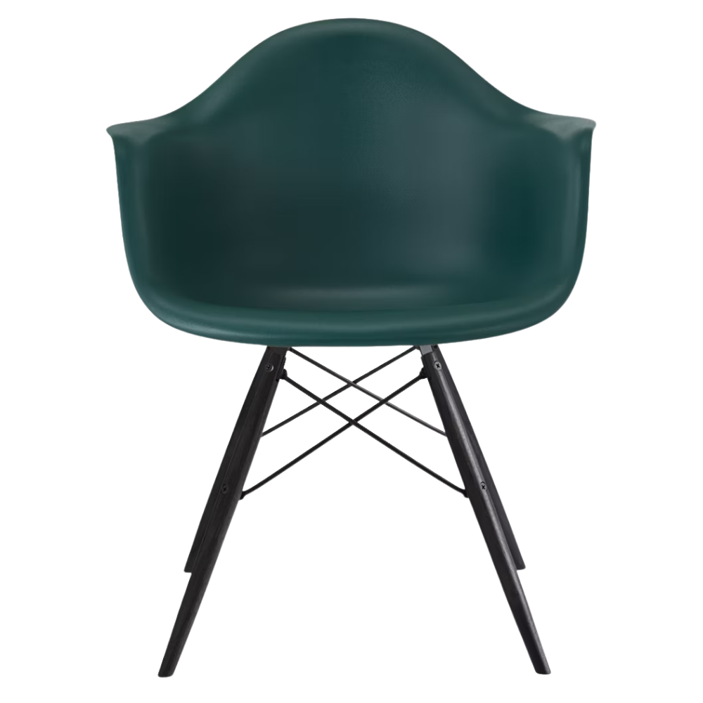 The evergreen shell Eames Molded Plastic Armchair Dowel-Leg Base with the black base and ebony legs.