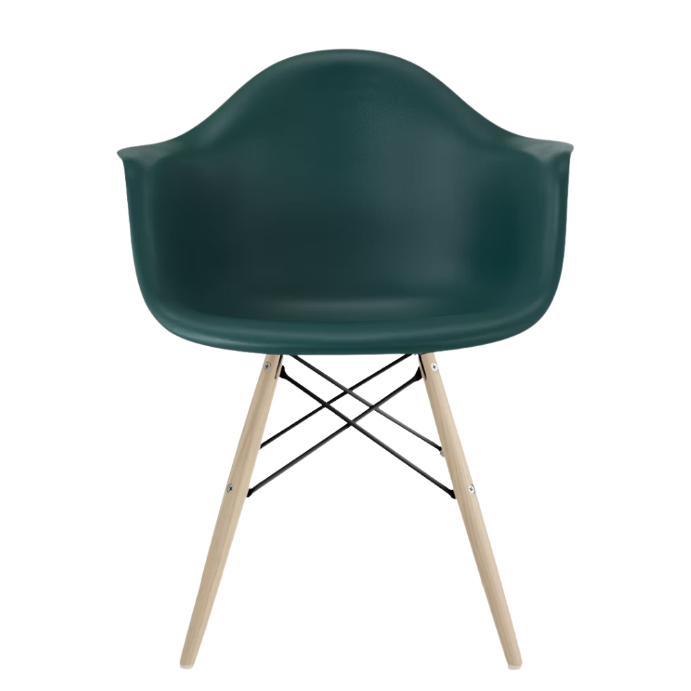 The evergreen shell Eames Molded Plastic Armchair Dowel-Leg Base with the black base and white oak legs.