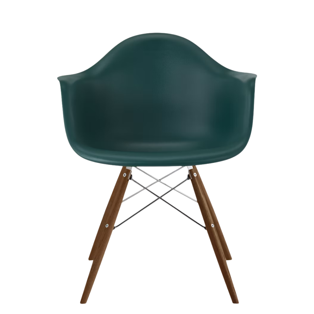 The evergreen shell Eames Molded Plastic Armchair Dowel-Leg Base with the trivalent chrome base and walnut legs.