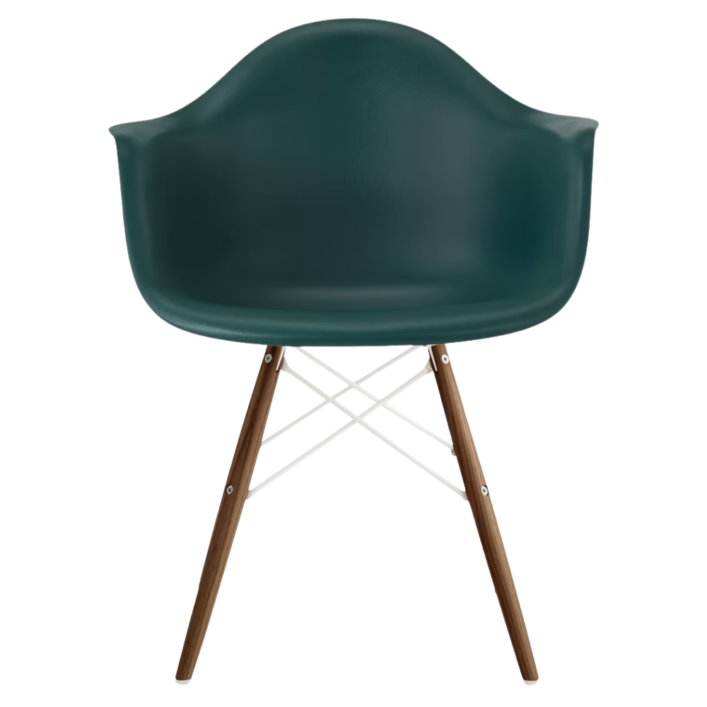 The evergreen shell Eames Molded Plastic Armchair Dowel-Leg Base with the white base and walnut legs.