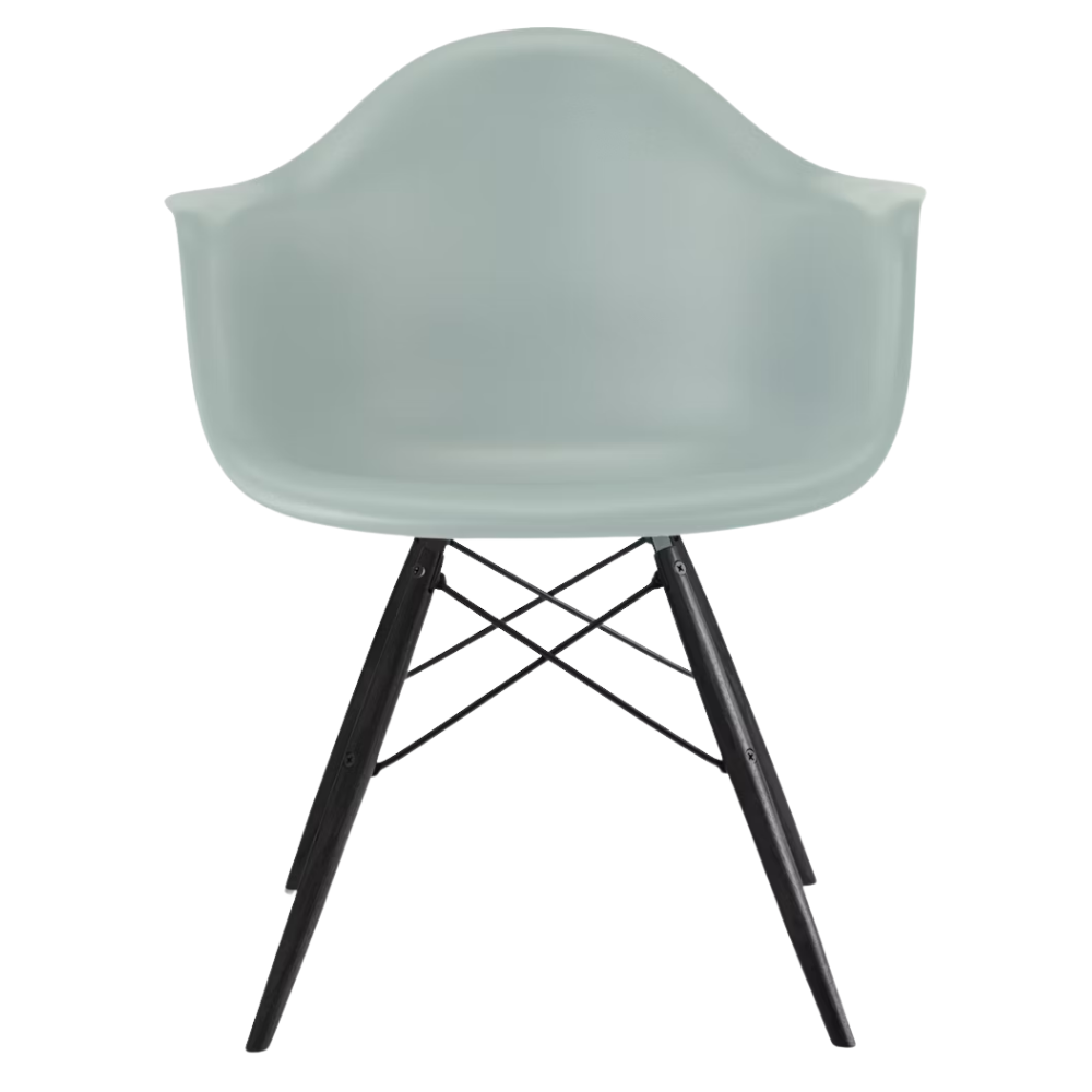 The gray green shell Eames Molded Plastic Armchair Dowel-Leg Base with the black base and ebony legs.